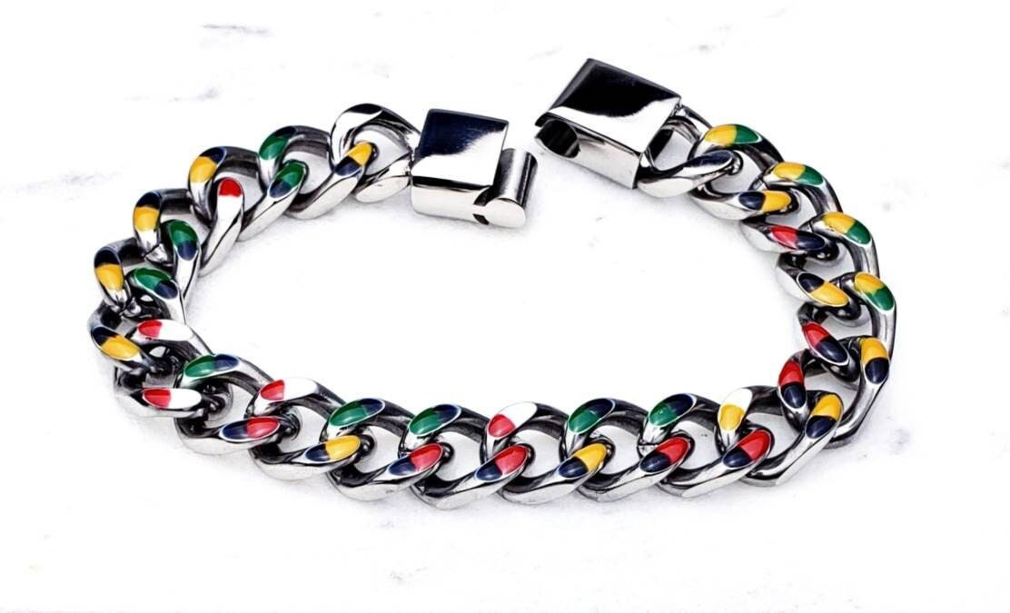 Men's "SILVER CUBAN LINK" Bracelet| Men's Silver Red Green Yellow & Black Stainless Steel Cuban Link Chain Bracelet| Men's Chain Bracelet