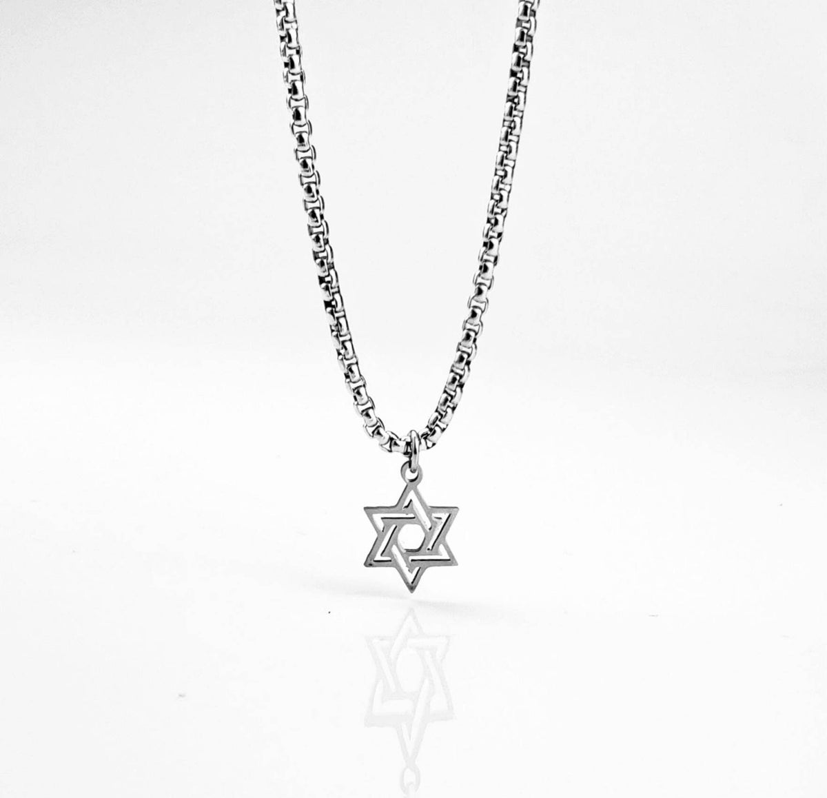 Men's "DECO STAR of DAVID" Necklace| Men's Silver Stainless Steel Deco Star of David Coin Pendant Necklace| Men's Silver Box Chain Necklace