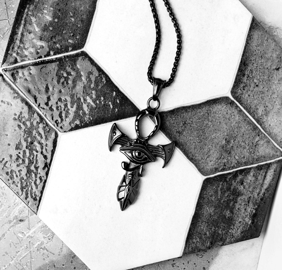 Men's "ALL SEEING EYE" Necklace| Men's Black Stainless Steel Eye of Horus Ankh Pendant Necklace| Mens Stainless Steel Box Chain Necklace