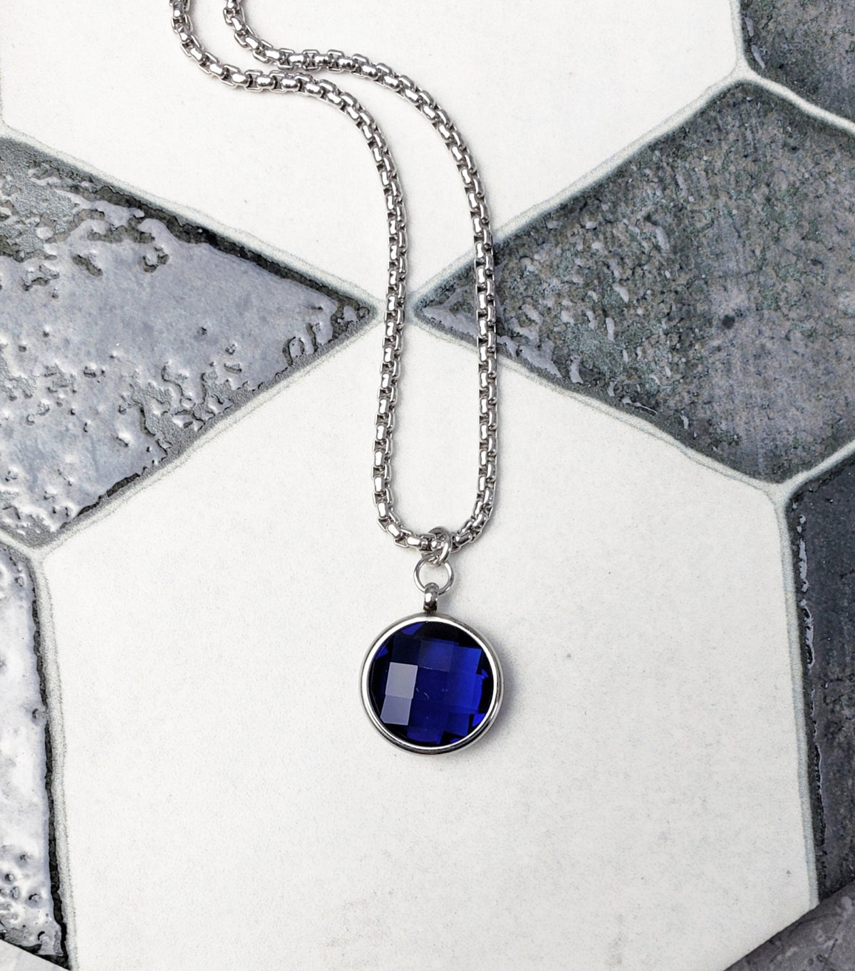 Men's "SILVER SAPPHIRE COIN" Necklace| Men's Silver Stainless Steel Micro-Faceted Sapphire Cubic Zirconia Coin Pendant Necklace