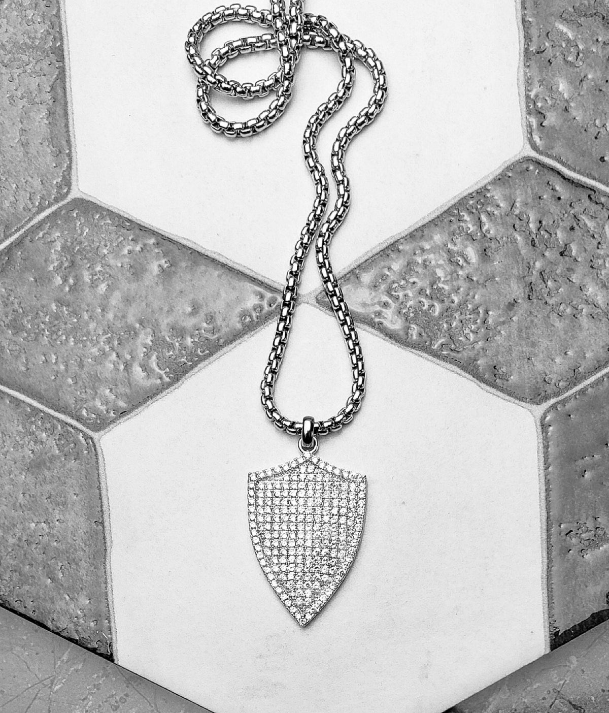 Men's "SILVER PAVÉ SHIELD" Necklace| Men's Pavé Cubic Zirconia Silver Stainless Steel Shield Pendant Necklace| Men's Silver Chain Necklace