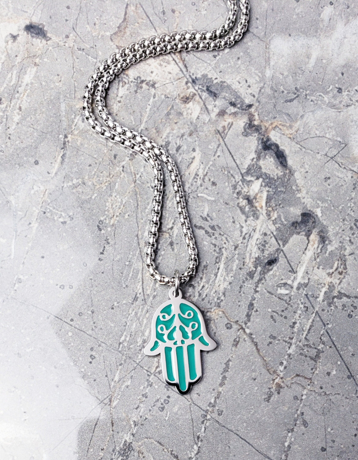 Men's "HAMSA EVIL EYE" Necklace| Men's Silver & Turquoise Stainless Steel Hamsa Evil Eye Pendant Necklace| Mens Stainless Steel Box Chain Ne
