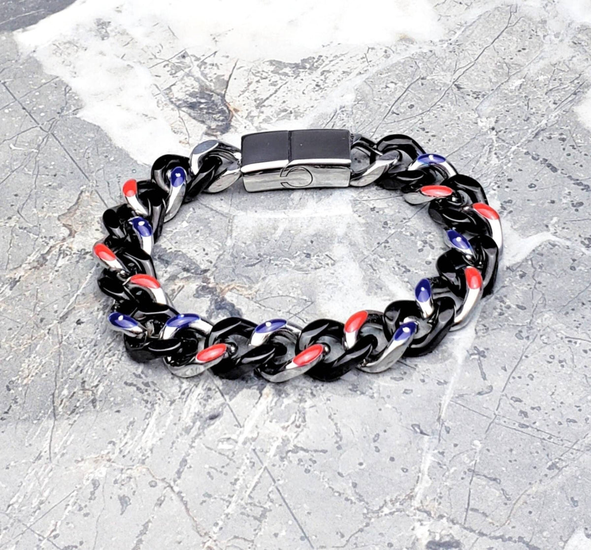 Men's "BLACK & BLUE LINK" Bracelet| Men's Silver Blue Red Black Stainless Steel Cuban Link Chain Bracelet| Men's Cuban Link Chain Bracelet