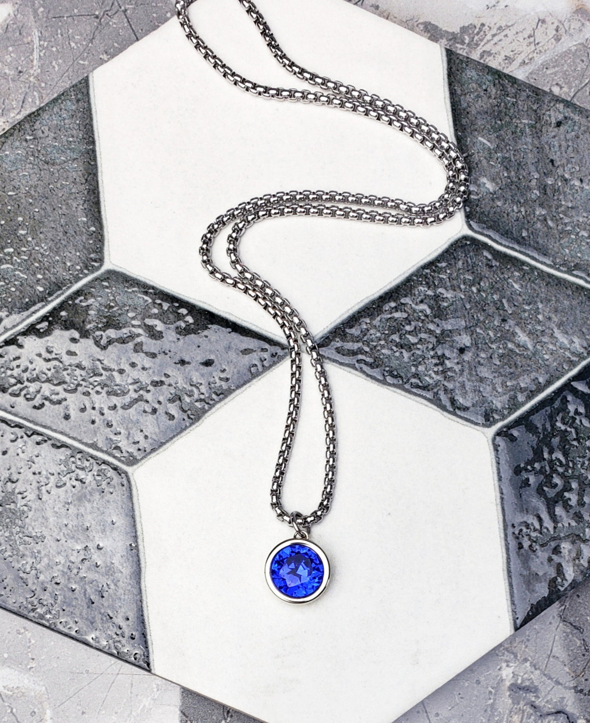 Men's "SILVER SAPPHIRE COIN" Necklace| Men's Silver Stainless Steel Sapphire Coin Pendant Necklace| Mens September Birthstone Necklace