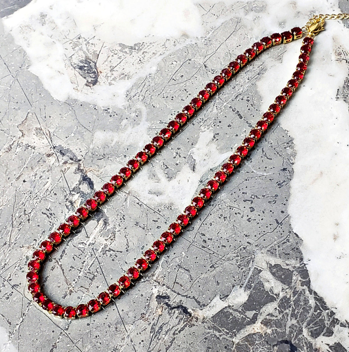 Men's "GOLD GARNET TENNIS" Necklace| Men's Garnet Cubic Zirconia Gold Stainless Steel Tennis Necklace| Men's Gold Garnet Necklace
