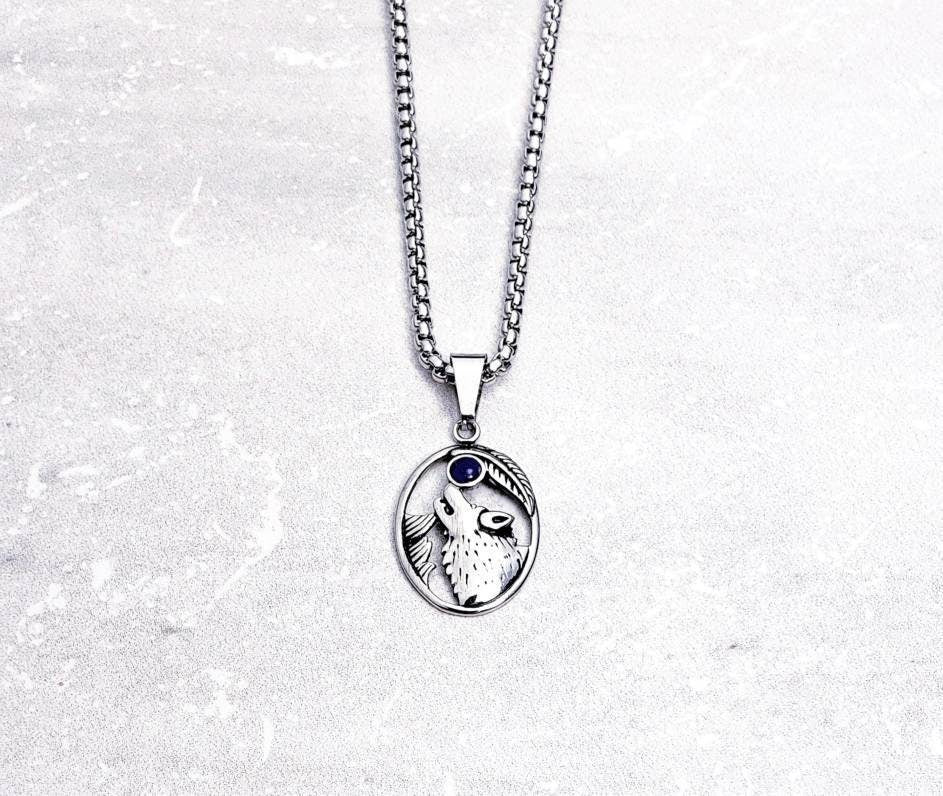Men's "HOWLING WOLF" Pendant Necklace| Men's Silver Stainless Steel Howling Wolf Lapis Lazuli Stone Medallion Pendant Necklace