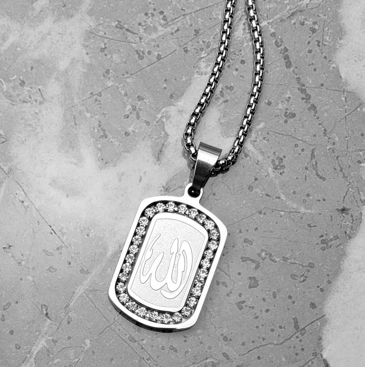 Men's "PAVÉ ALLAH TAG" Necklace| Men's Pavé Cubic Zirconia Silver Stainless Steel Muslim Allah Dog Tag Pendant Necklace| Mens Chain Necklace