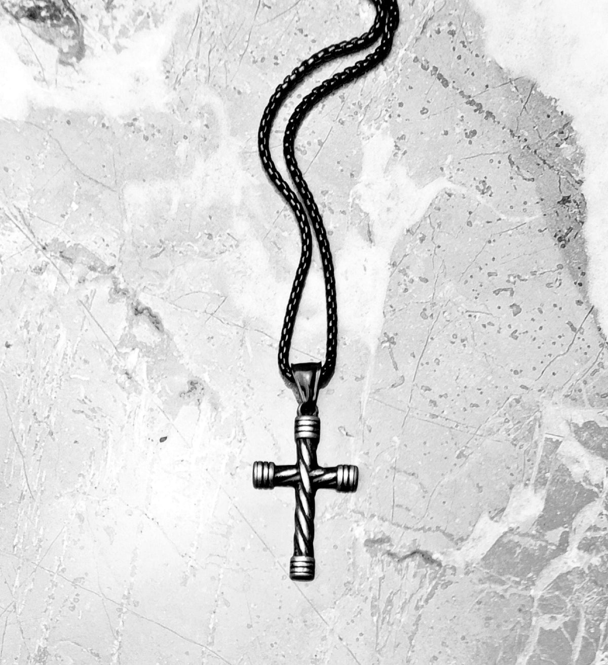 Men's "RUSTIC TWISTED CROSS" Necklace| Men's Oxidized Silver Black Stainless Steel Twisted Cross Pendant Necklace| Mens Black Chain Necklace