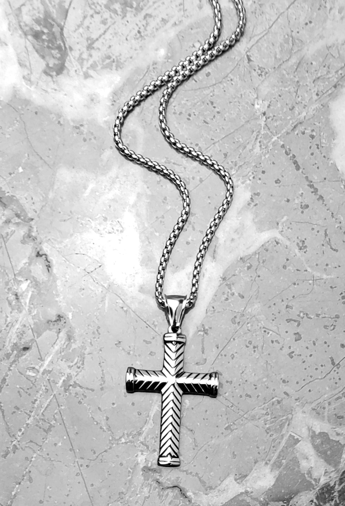 Men's "SILVER CHEVRON CROSS" Necklace| Men's Silver Stainless Steel Chevron Cross Pendant Necklace| Men's Silver Box Chain Necklace