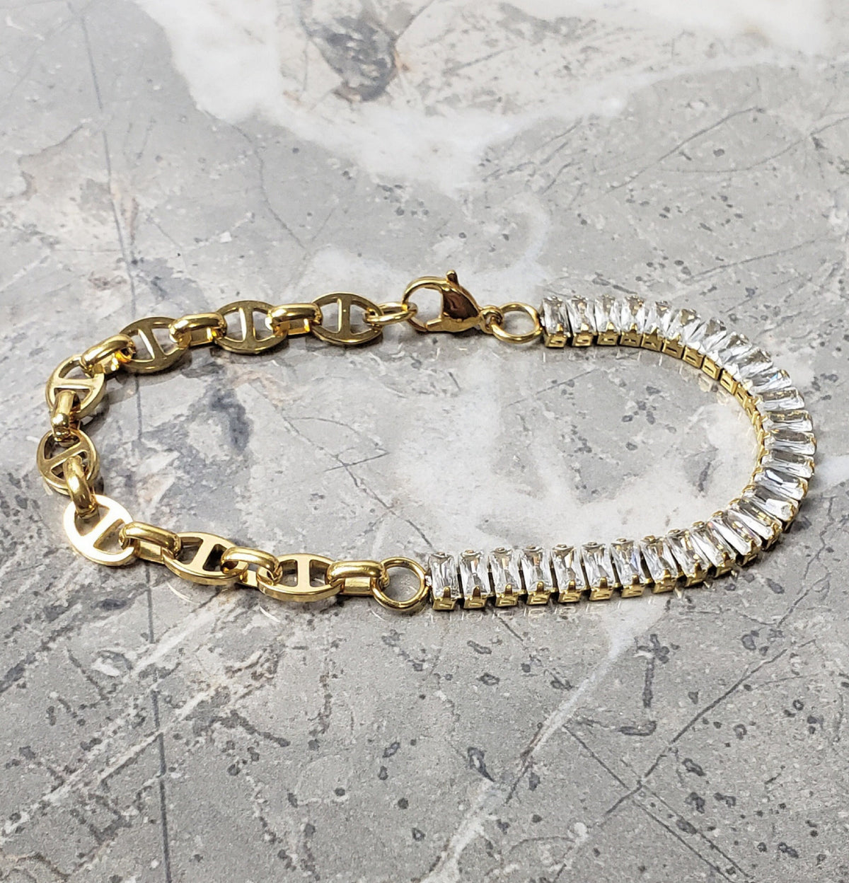 Men's "GOLD BAGUETTE TENNIS" Bracelet| Men's Cubic Zirconia Baguette Gold Stainless Steel Mariner Link Tennis Bracelet