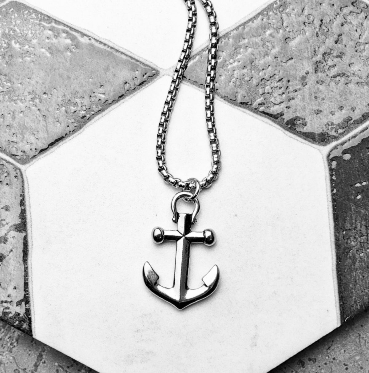 Men's "SILVER ANCHOR" Necklace| Men's Silver Stainless Steel Anchor Pendant Necklace| Mens Silver Stainless Steel Box Chain Pendant Necklace