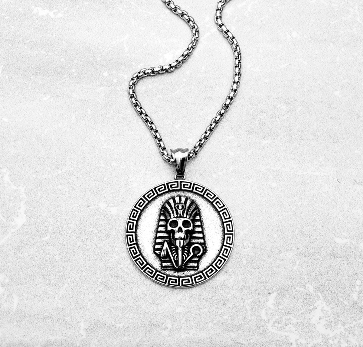 Men's "EGYPTIAN SKULL COIN" Necklace| Men's Silver Stainless Steel Egyptian Skull Coin Pendant Necklace| Men's Silver Box Chain Necklace