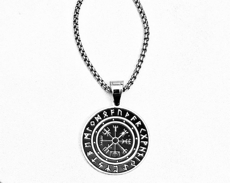 Men's "VEGVISIR COMPASS" Necklace| Men's Silver & Black Stainless Steel Viking Vegvisir Compass Pendant Necklace| Mens Silver Chain Necklace