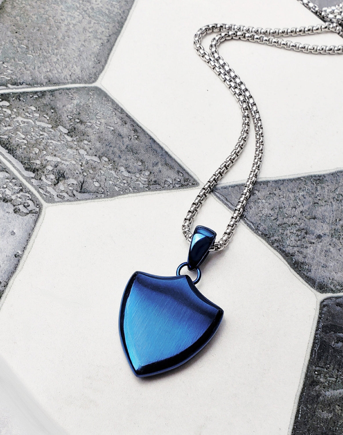 Men's "BLUE SHIELD" Necklace| Men's Blue Stainless Steel Shield Pendant Necklace| Men's Silver Gold Stainless Steel Chain Pendant Necklace