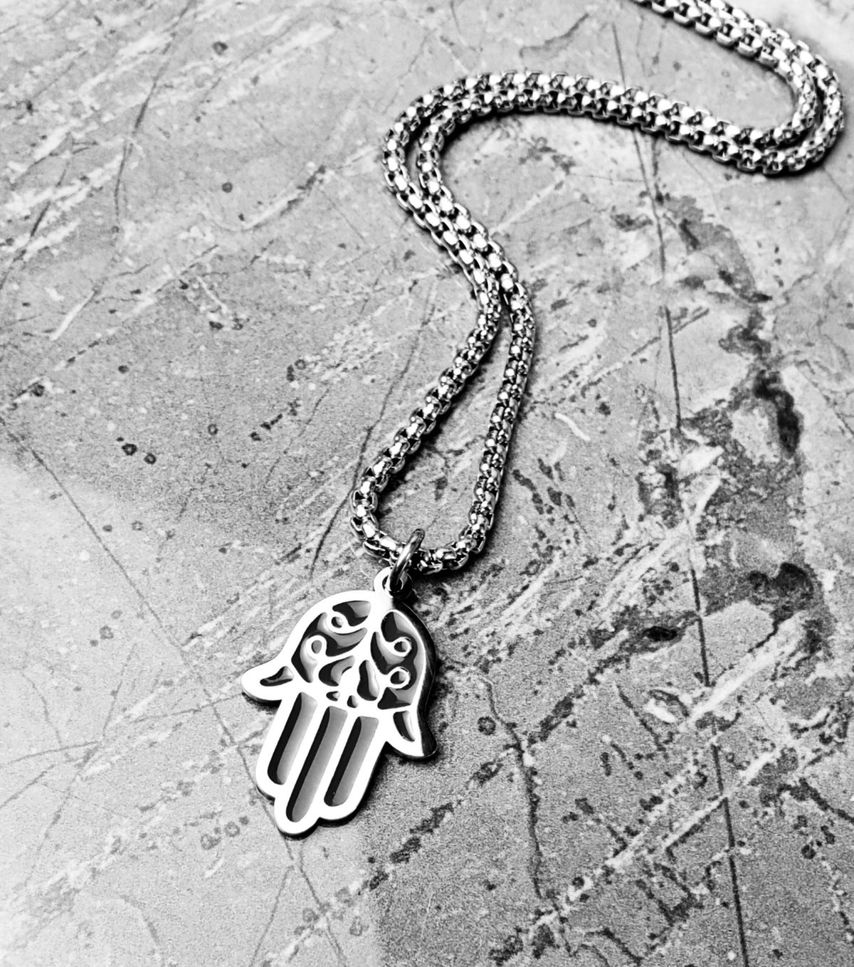 Men's "HAMSA EVIL EYE" Necklace| Men's Silver & Black Stainless Steel Hamsa Evil Eye Pendant Necklace| Mens Stainless Steel Box Chain Neckla