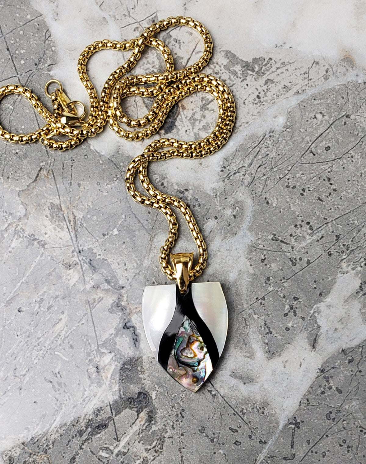 Men's "ABALONE SHIELD" Necklace| Men's Gold Stainless Steel Mother of Pearl Abalone Shell Shield Pendant Necklace| Men's Gold Chain Necklace
