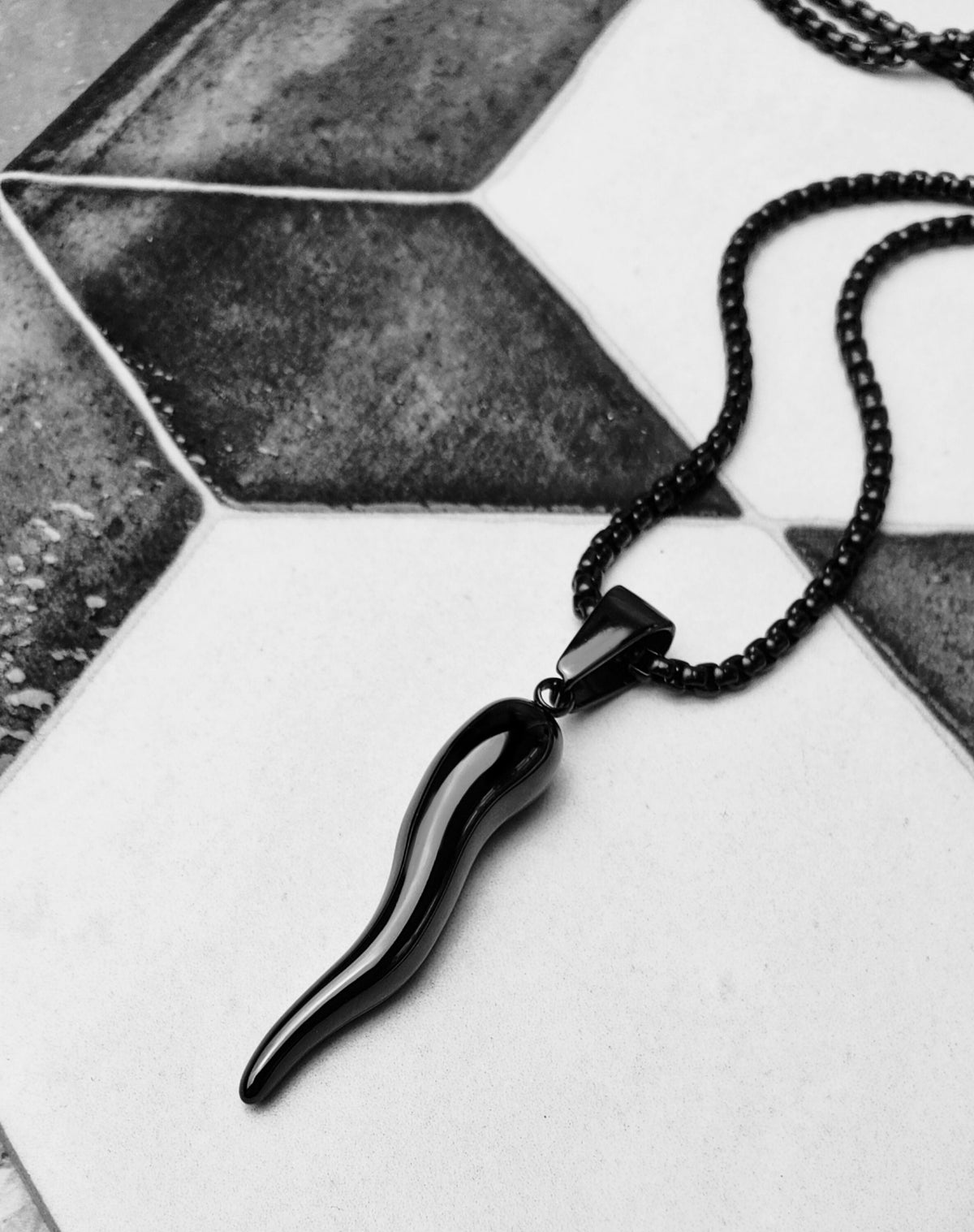 Men's "BLACK CORNICELLO" Necklace| Men's Black Stainless Steel Italian Cornicello Pendant Necklace| Men's Black Box Chain Necklace