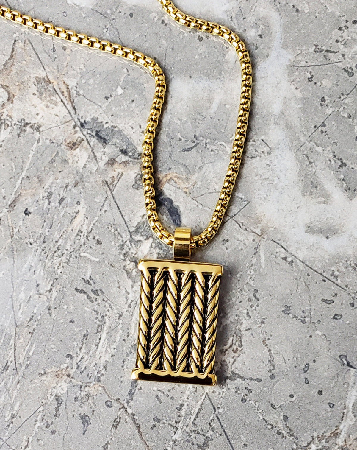 Men's "GOLD CABLE TAG" Necklace| Men's Gold Stainless Steel Sculpted Cable Dog Tag Pendant Necklace| Men's Gold Chain Necklace
