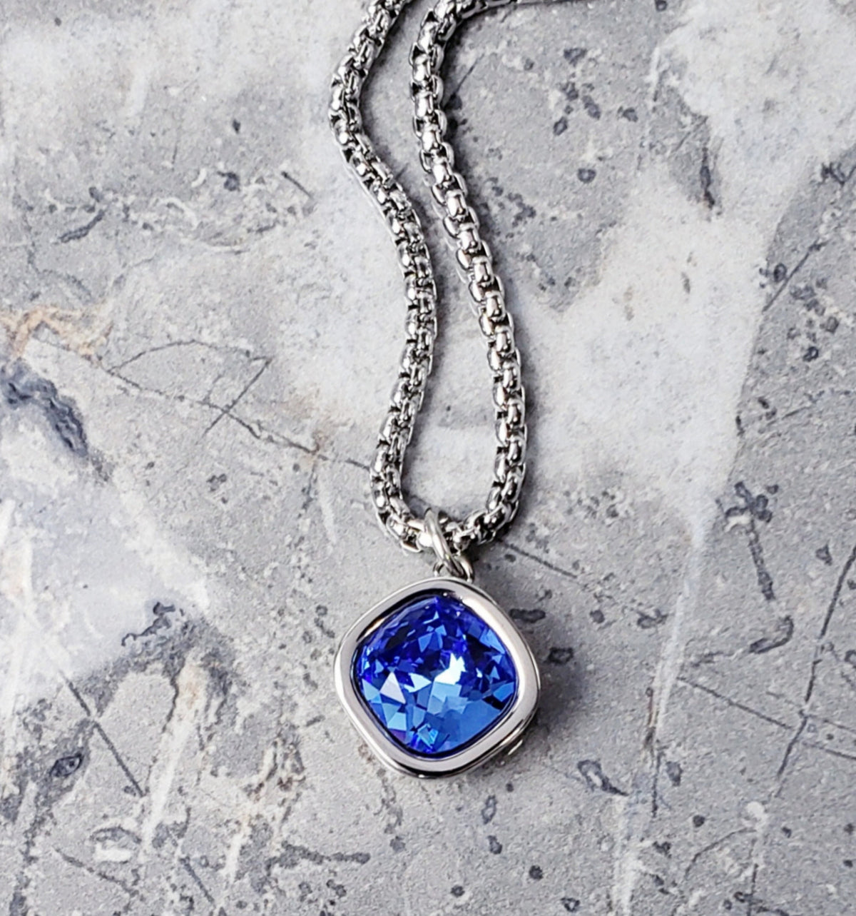 Men's "SILVER SAPPHIRE" Necklace| Men's Silver Stainless Steel Sapphire Gemstone Pendant Necklace| Men's September Birthstone Pendant