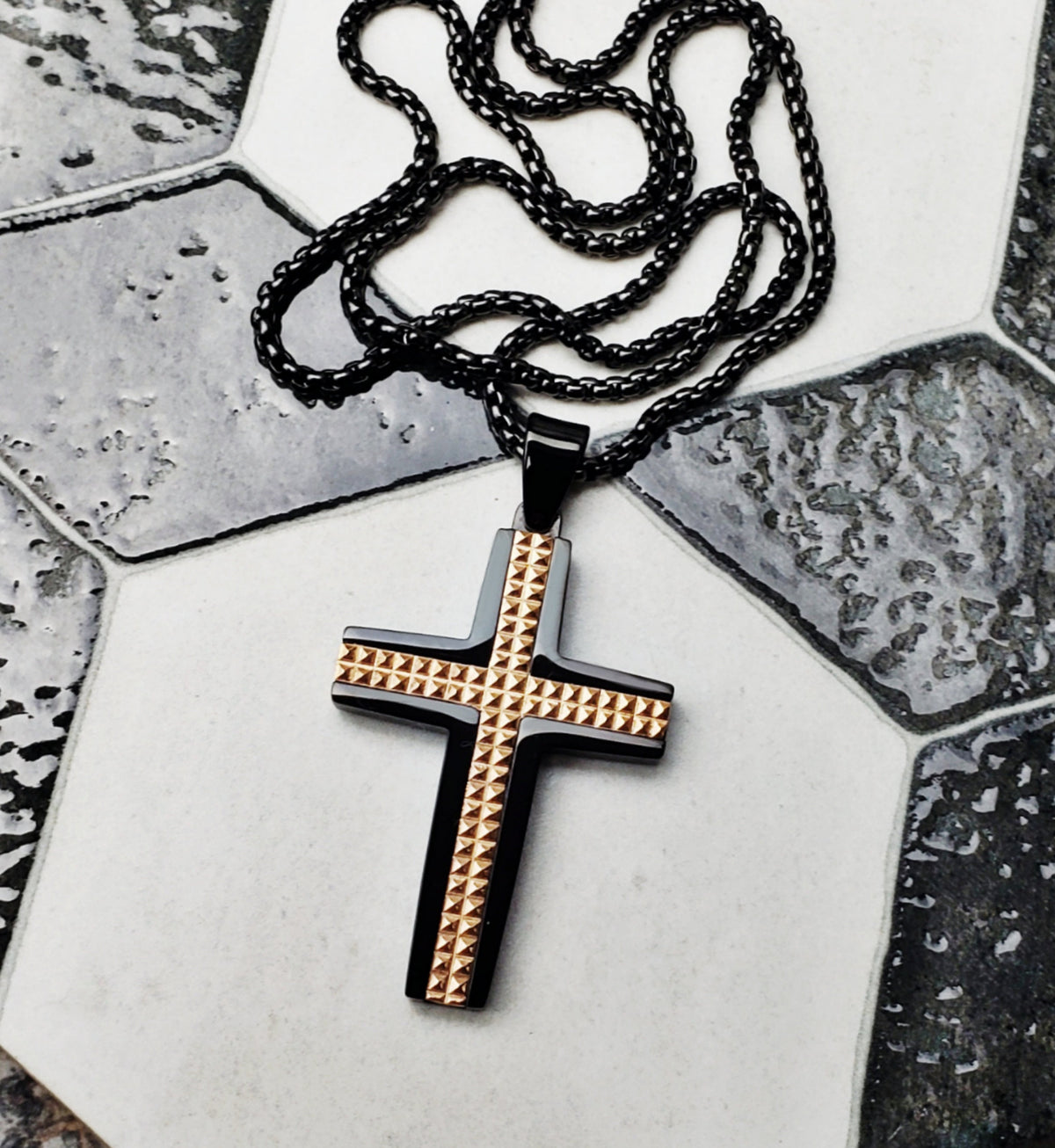 Men's "BLACK & ROSE GOLD Cross" Necklace| Men's Black Rose Gold Stainless Steel Cross Pendant Necklace| Mens Black Box Chain Necklace