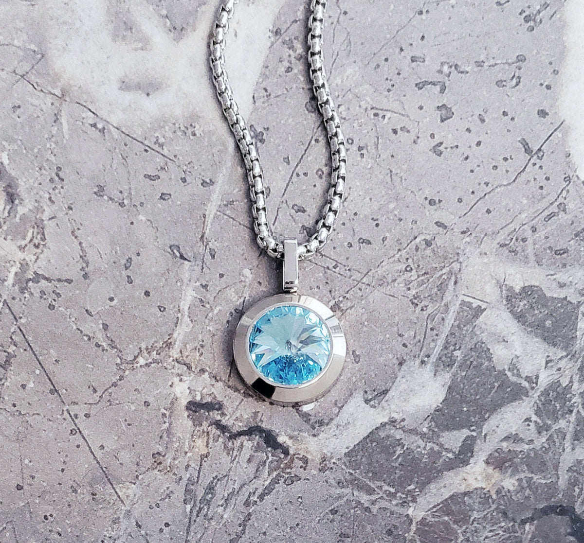 Men's "SILVER AQUAMARINE COIN" Necklace| Men's Silver Stainless Steel Aquamarine Coin Pendant Necklace| Mens March Birthstone Necklace