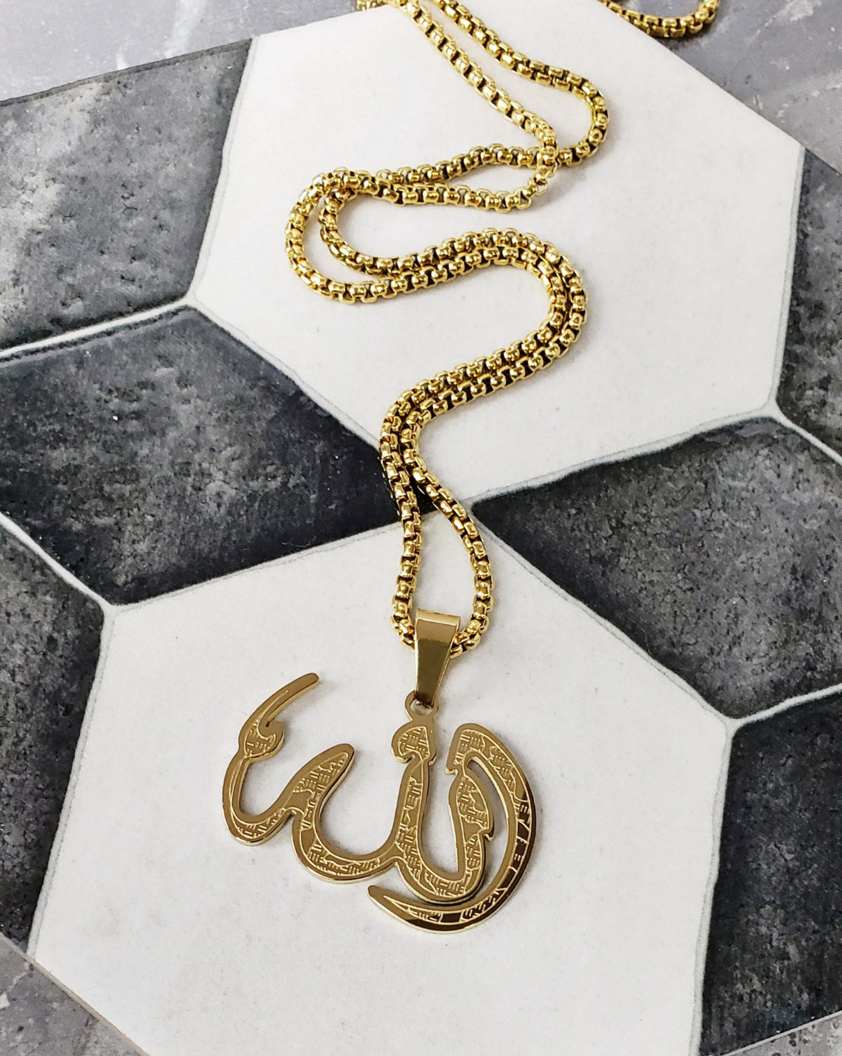 Men's "GOLD ALLAH" Necklace| Men's Gold Stainless Steel Muslim Allah Symbol Pendant Necklace| Mens Stainless Steel Box Chain Necklace