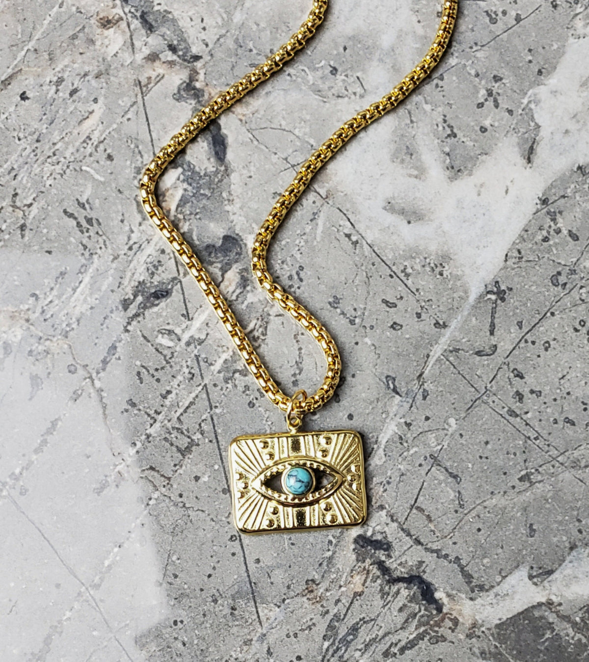 Men's "TURQUOISE EVIL EYE" Necklace| Men's Gold Stainless Steel Turquoise Gemstone Evil Eye Pendant Necklace| Men's Gold Box Chain Necklace