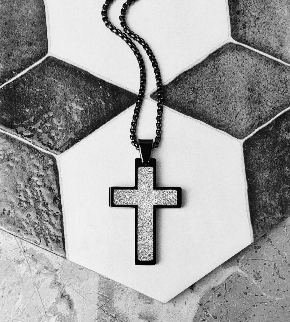 Men's "BLACK SILVER CROSS" Necklace| Men's Silver & Black Stainless Steel Cross Pendant Necklace| Silver Stainless Steel Box Chain Necklace