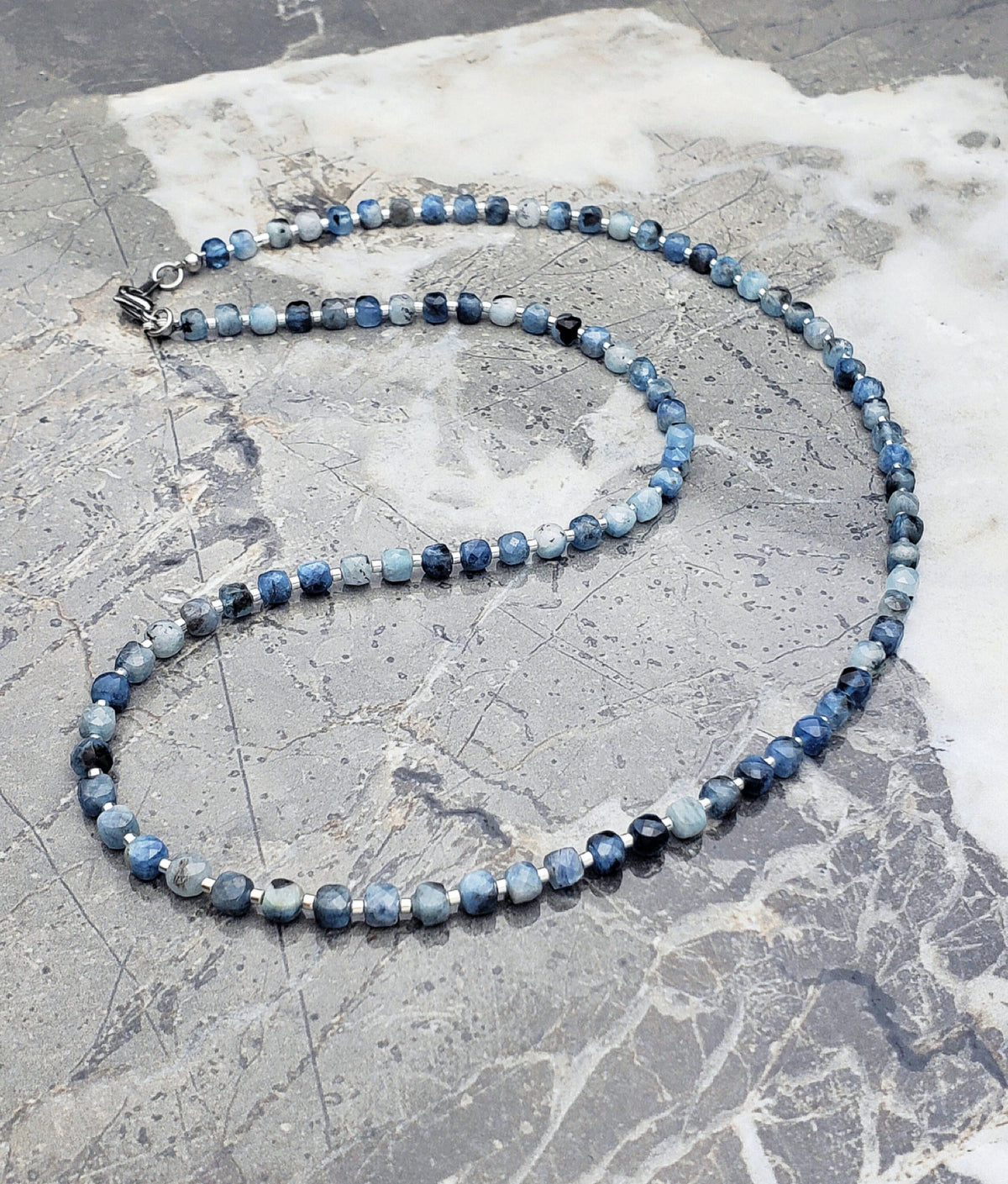 Men's "FACETED AQUAMARINE" Necklace| Men's Faceted Dark Blue Aquamarine Cube Gemstone Necklace| Men's Silver Cube Gemstone Beaded Necklace