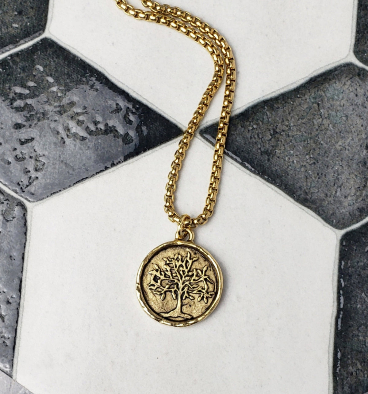 Men's "RUSTIC TREE of LIFE" Necklace| Men's Gold Stainless Steel Rustic Tree of Life Coin Pendant Necklace| Men's Gold Chain Necklace