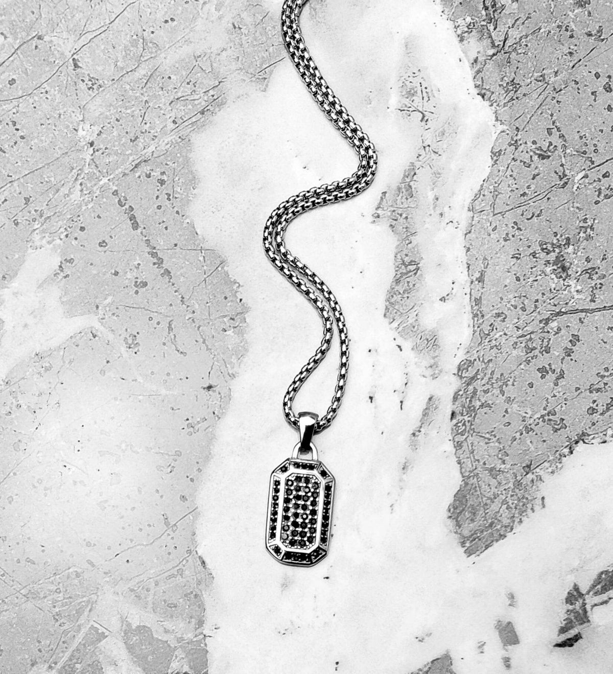 Men's "PAVÉ DECO TAG" Necklace| Men's Pavé Black Cubic Zirconia Silver Stainless Steel Deco Dog Tag Pendant Necklace| Men Box Chain Necklace
