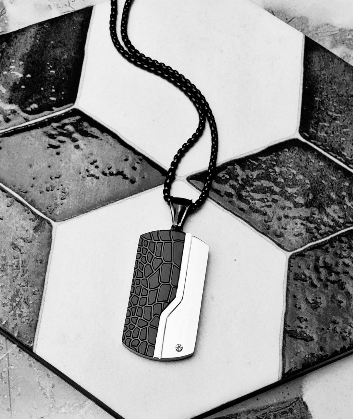 Men's "BLACK METEOR TAG" Necklace| Men's Matte Black Meteor Engraved Silver Stainless Steel Dog Tag Pendant Necklace| Men Dog Tag Necklace