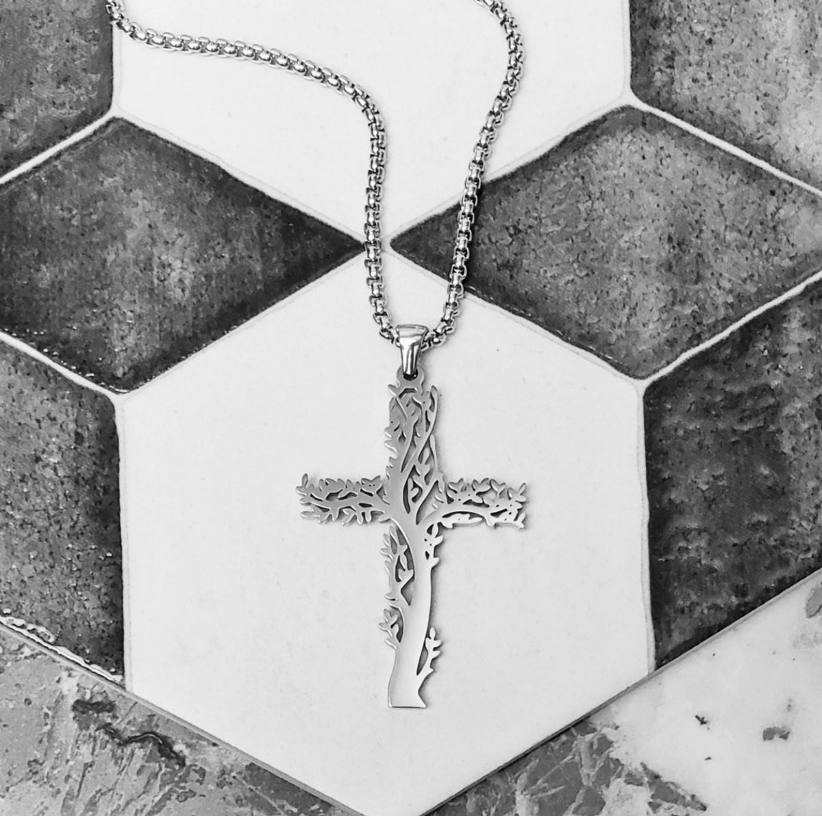 Men's "TREE of LIFE CROSS" Necklace| Men's Silver Stainless Steel Tree of Life Cross Pendant Necklace| Men's Silver Box Chain Necklace