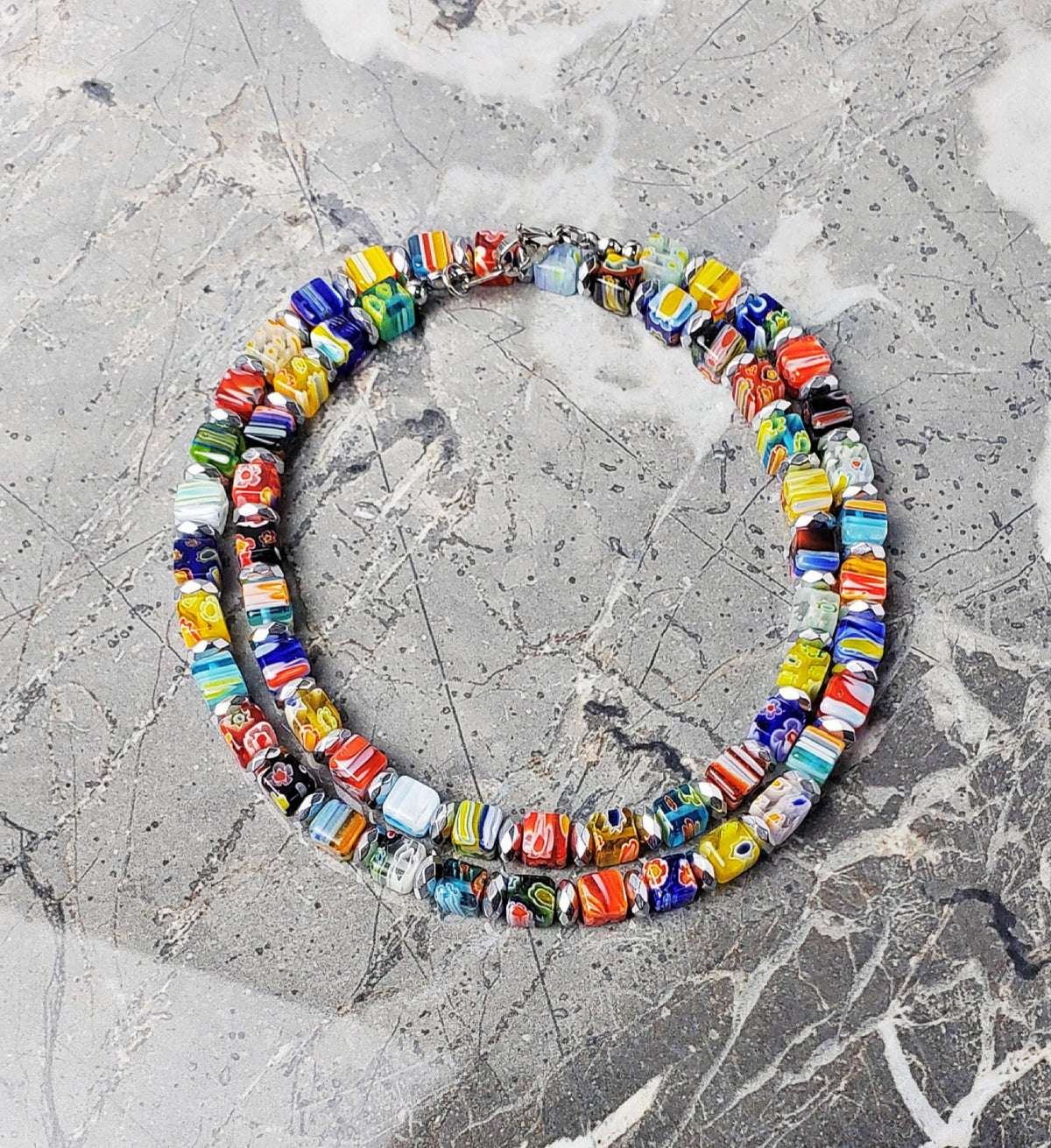 Men Silver Faceted Hematite Disc Gemstones Multicolor Millefiori Cubes Beaded Necklace