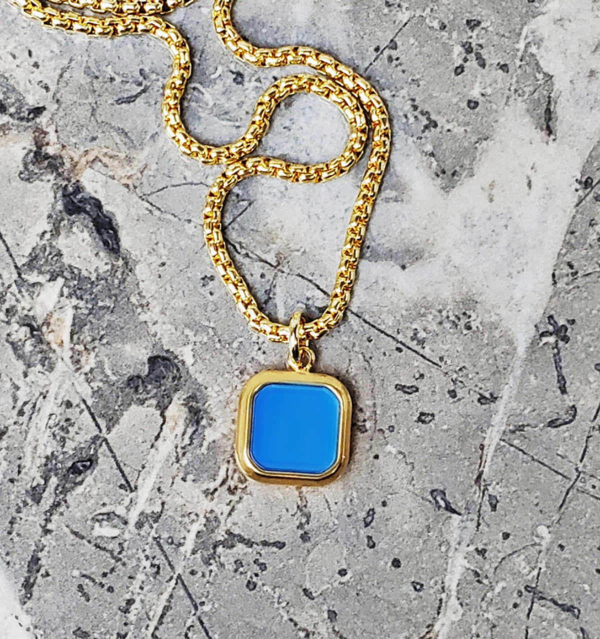 Men's "GOLD & TURQUOISE" Necklace| Men's Gold Stainless Steel Turquoise Jade Gemstone Inlay Square Pendant Necklace| Men's Gold Necklace