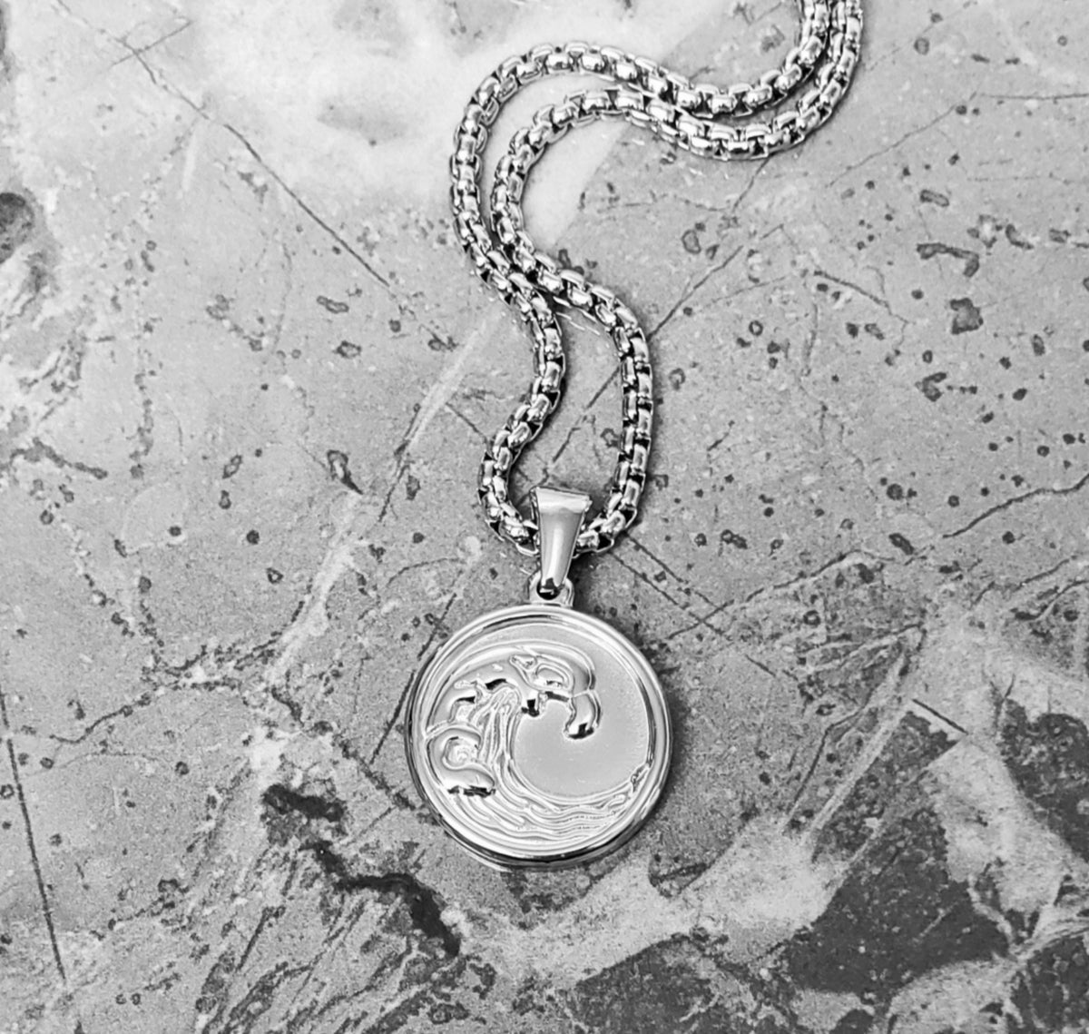 Men's "SILVER WAVE COIN" Necklace| Men's Silver Stainless Steel Wave Coin Medallion Pendant Necklace| Men's Silver Box Chain Necklace