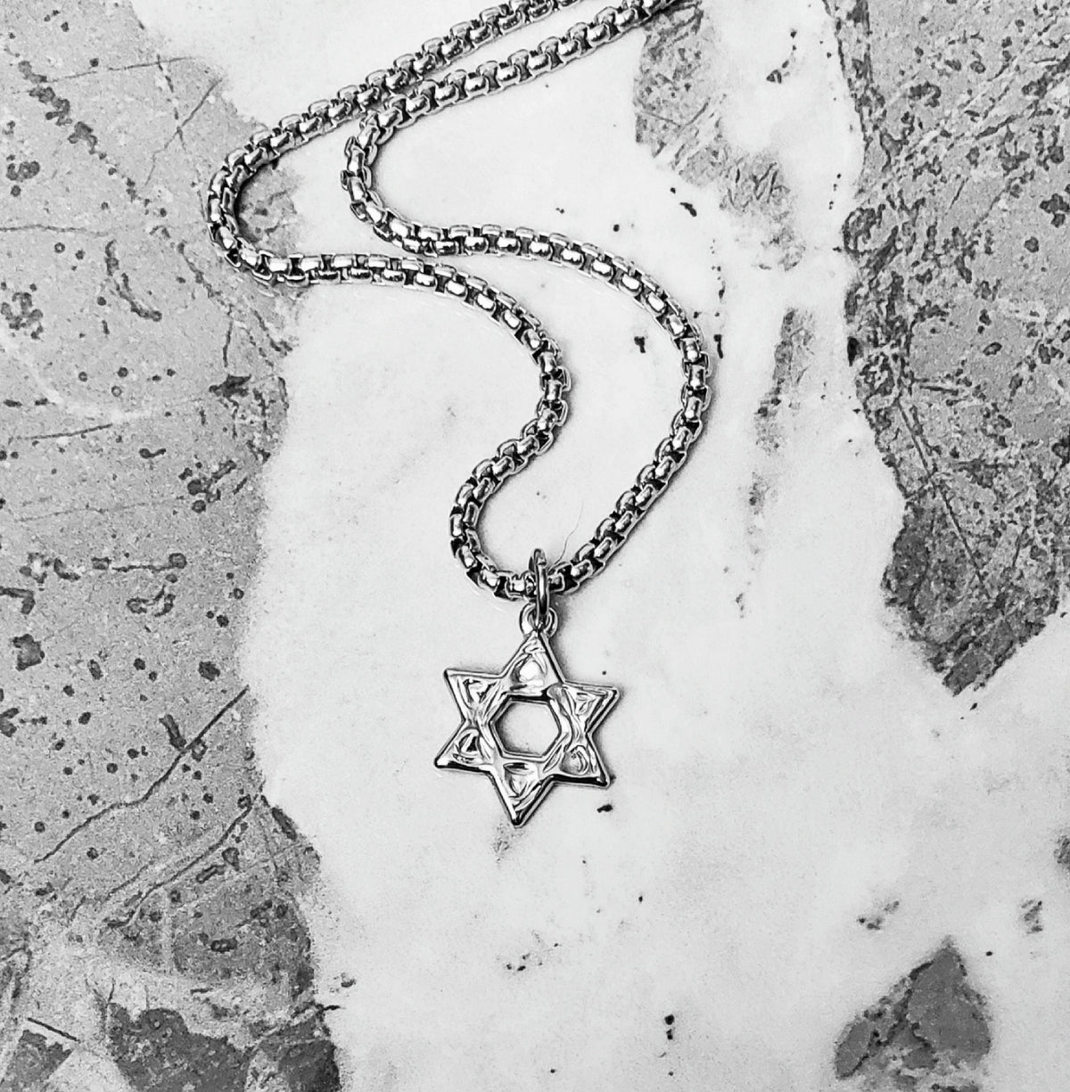 Men's "RUSTIC STAR of DAVID" Necklace| Men's Silver Stainless Steel Star of David Pendant Necklace| Mens Stainless Steel Box Chain Necklace