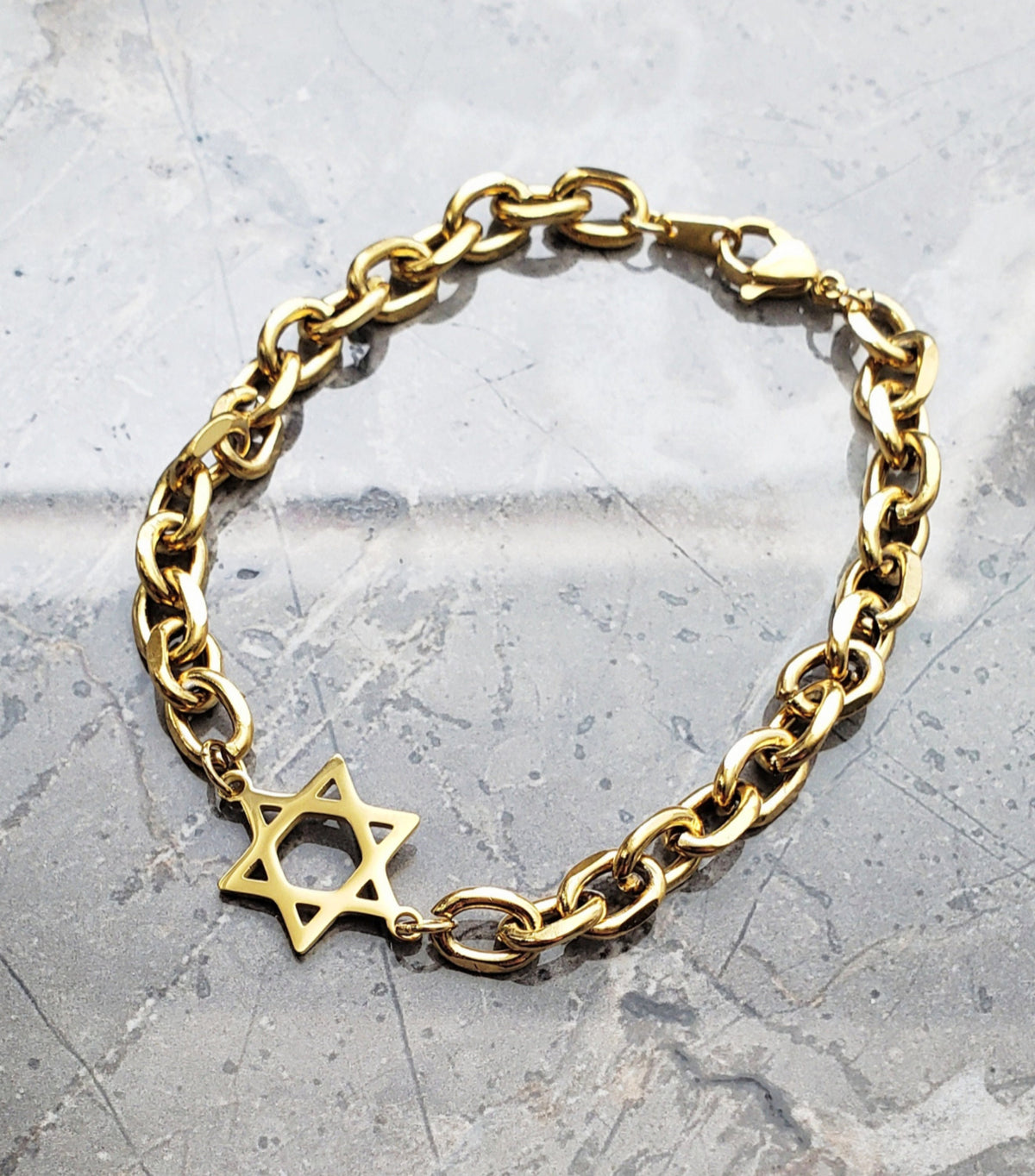Men's "STAR of DAVID CHAIN" Bracelet| Men's Gold Stainless Steel Star of David Link Chain Bracelet| Men's Layering Gold Chain Bracelet