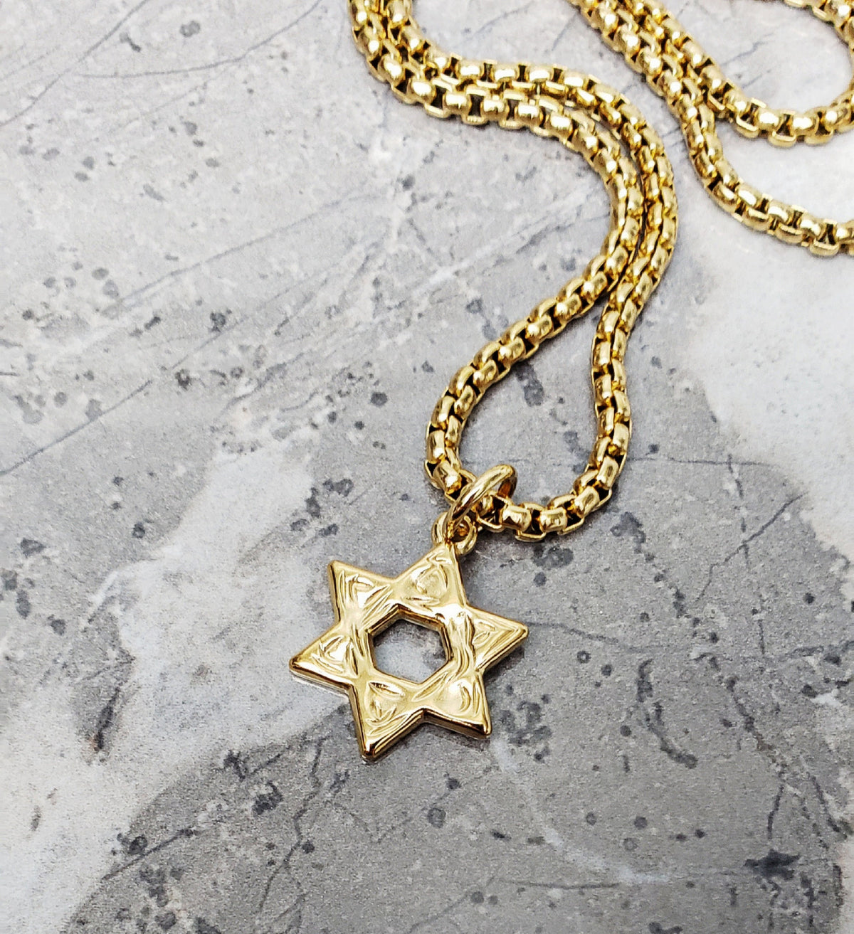 Men's "RUSTIC STAR of DAVID" Necklace| Men's Gold Stainless Steel Star of David Pendant Necklace| Mens Stainless Steel Box Chain Necklace