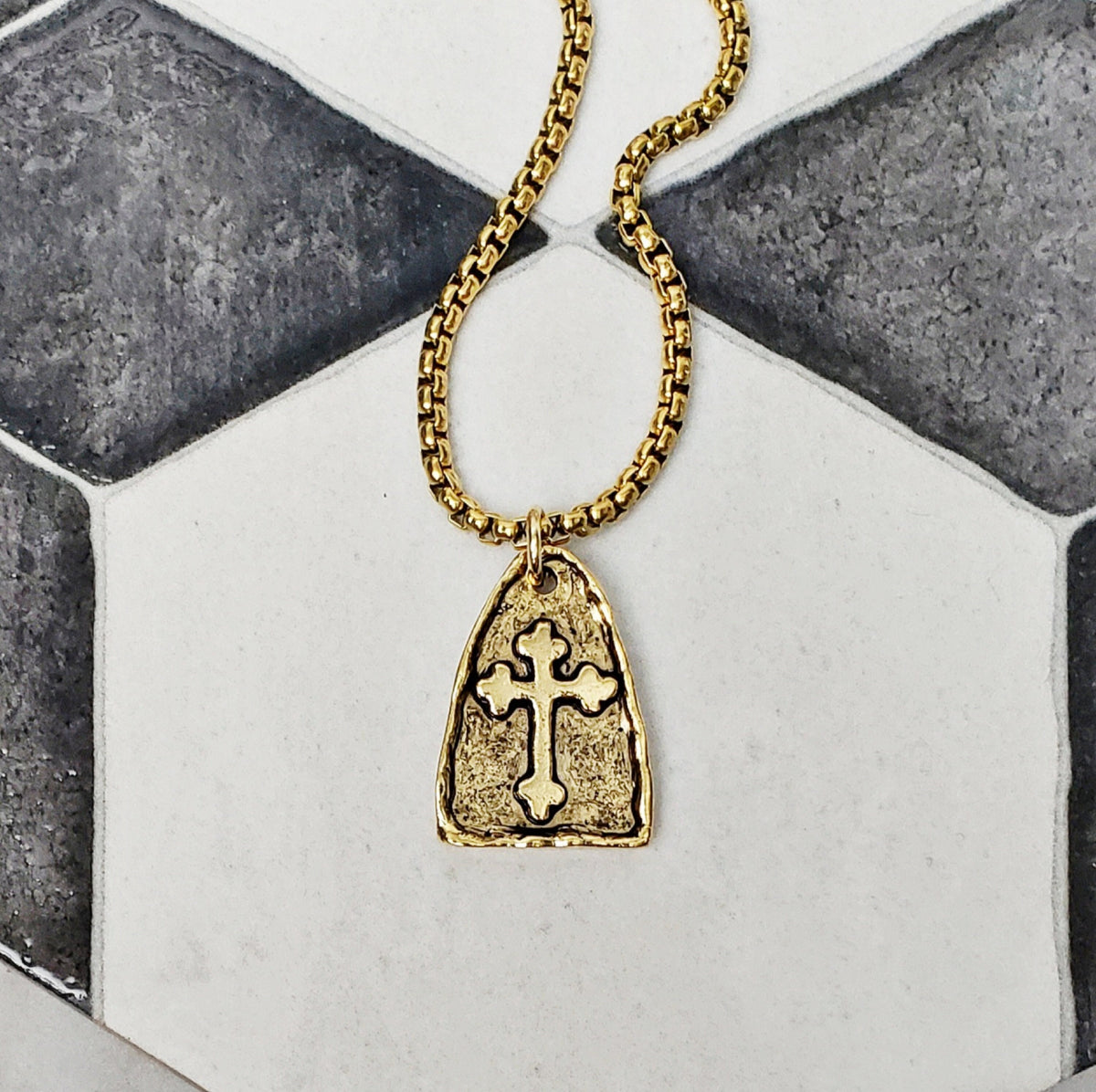 Men's "RUSTIC CROSS ARCH" Necklace| Men's Gold Stainless Steel Rustic Cross Arch Pendant Necklace| Mens Gold Box Chain Necklace