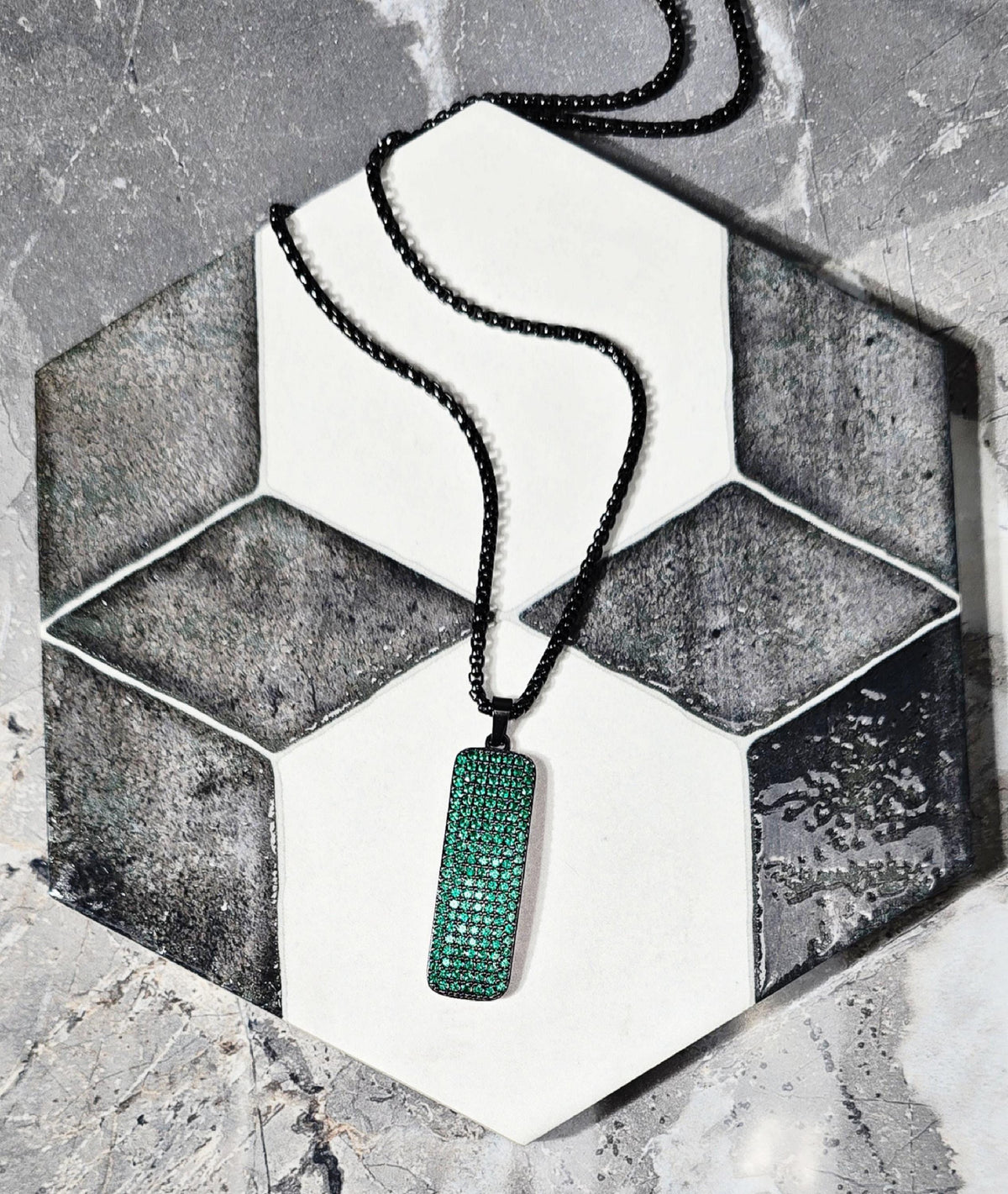 Men's "EMERALD PAVÉ TAG" Necklace| Men's Black Stainless Steel Pavé Emerald Cubic Zirconia Bar Tag Pendant Necklace| Men's Black Box Chain
