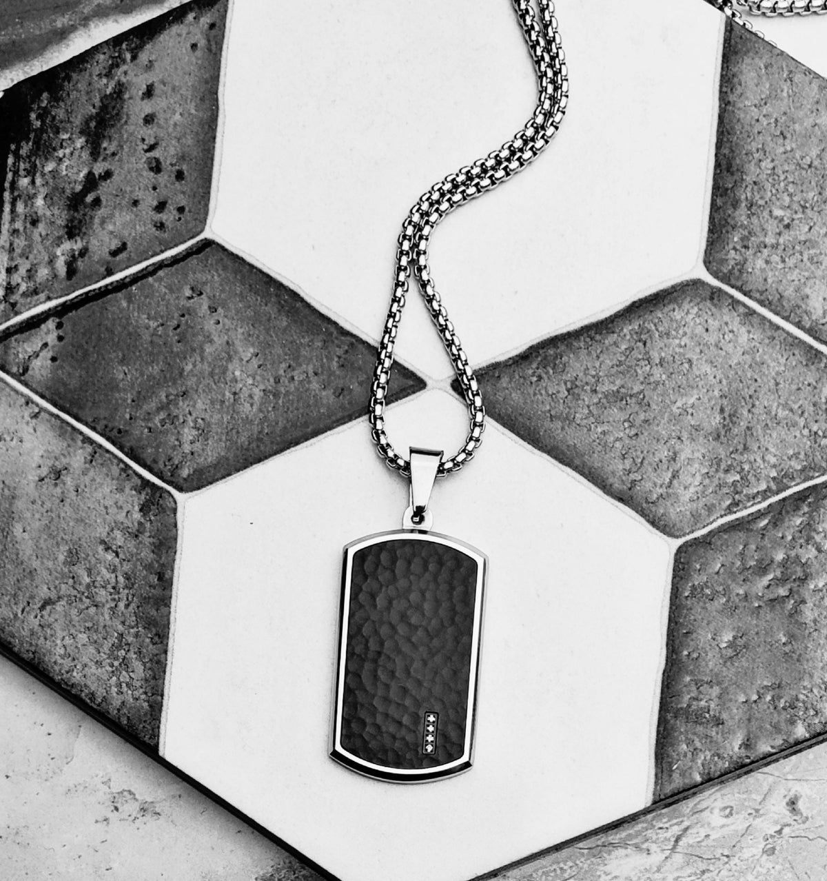 Men's "FORGED CARBON TAG" Necklace| Men's Silver Stainless Steel Matte Black Carbon Fiber Dog Tag Pendant Necklace| Mens Chain Necklace
