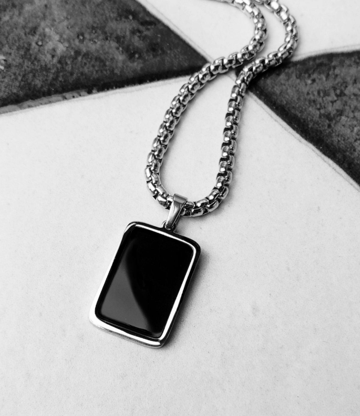 Men's "BLACK ONYX TAG" Necklace| Men's Silver Stainless Steel Black Onyx Gemstone Mini Dog Tag Pendant Necklace| Men's Box Chain Necklace