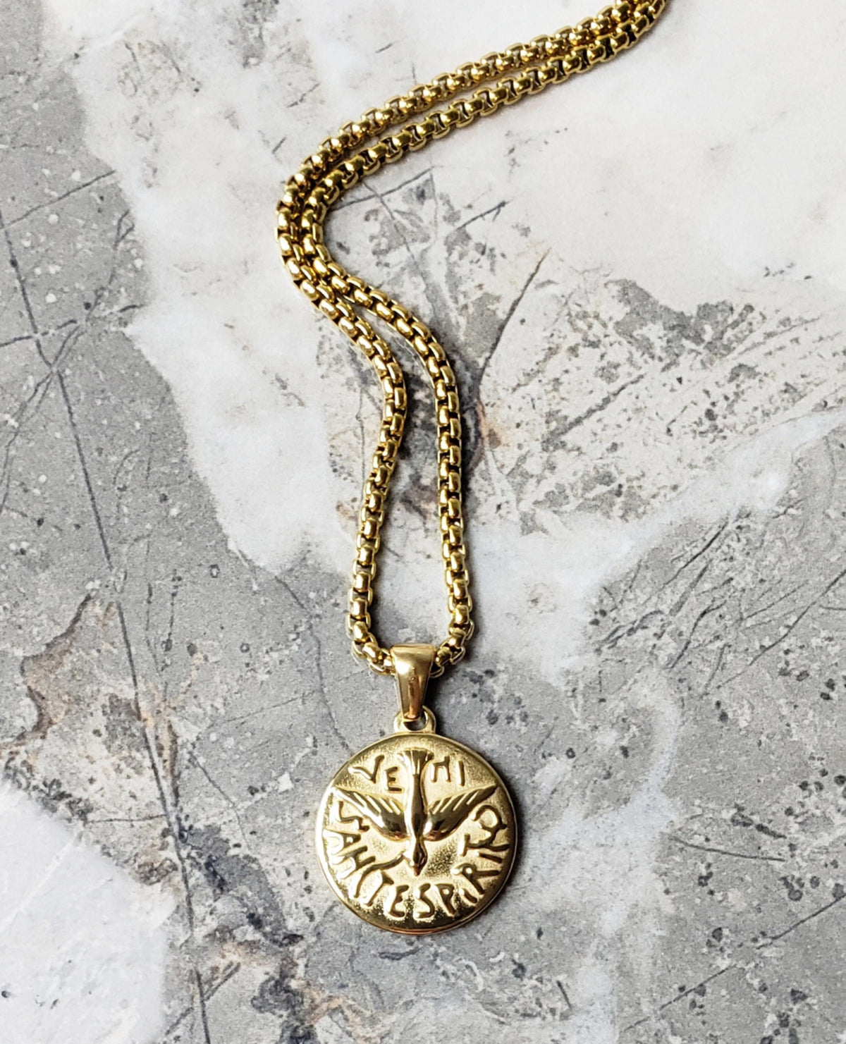 Men's "VENI SANCTE SPIRITUS" Necklace| Men's Gold Stainless Steel Veni Sancte Spiritus Coin Medallion Necklace| Men Box Chain Necklace