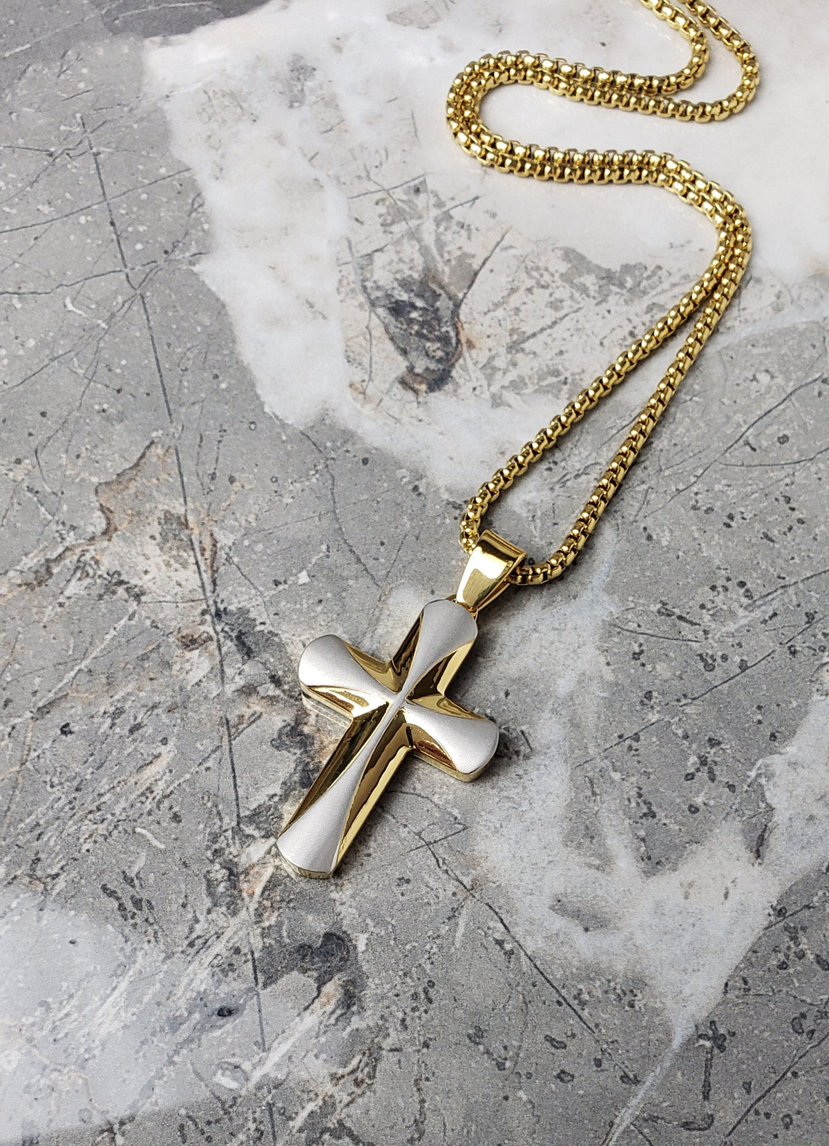 Men's "GOLD VORTEX CROSS" Necklace| Men's Gold & Silver Stainless Steel Vortex Cross Pendant Necklace| Men's Gold Box Chain Necklace