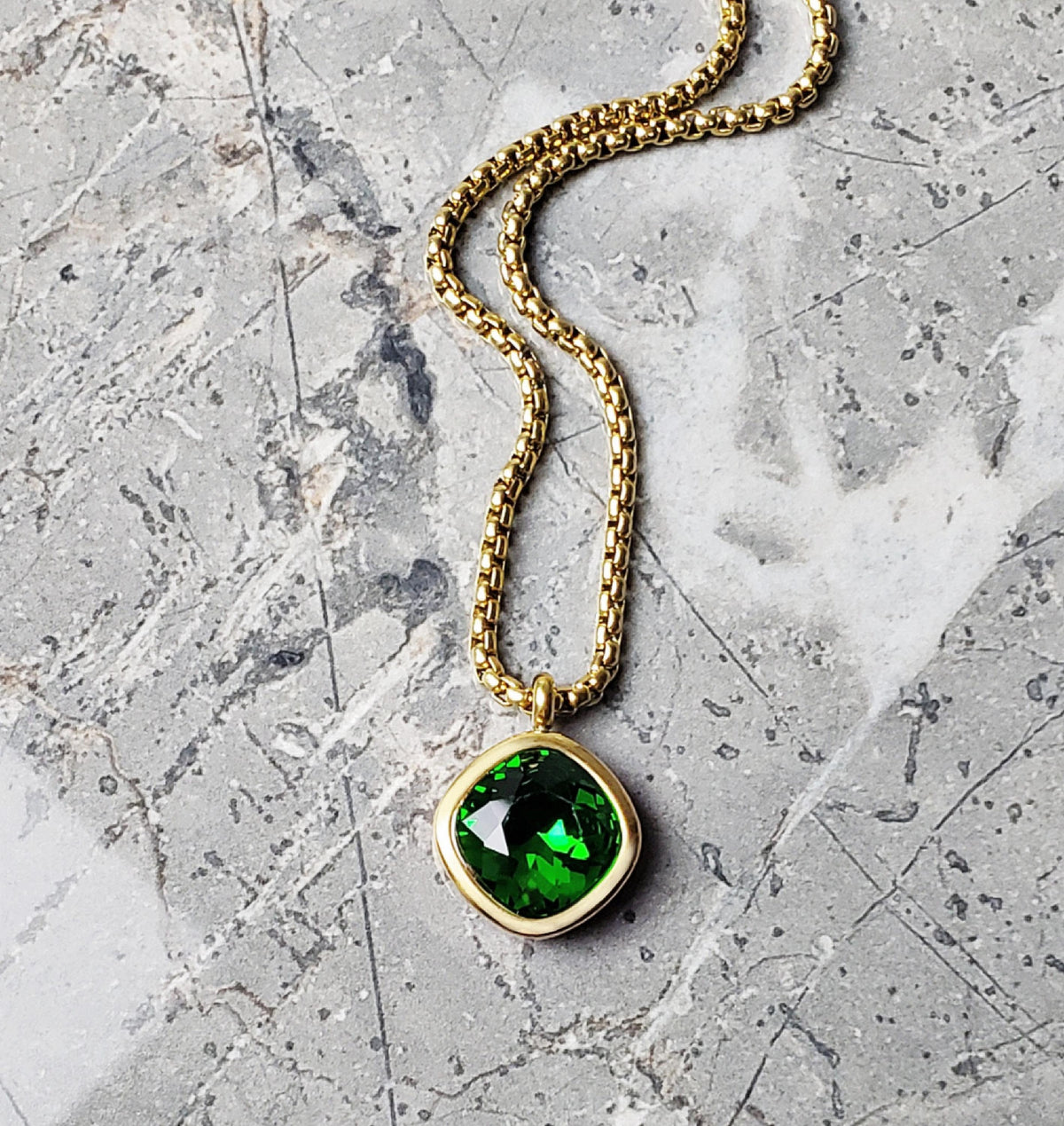 Men's "GOLD EMERALD" Necklace| Men's Gold Stainless Steel Emerald Gemstone Pendant Necklace| Men's May Birthstone Pendant Gift
