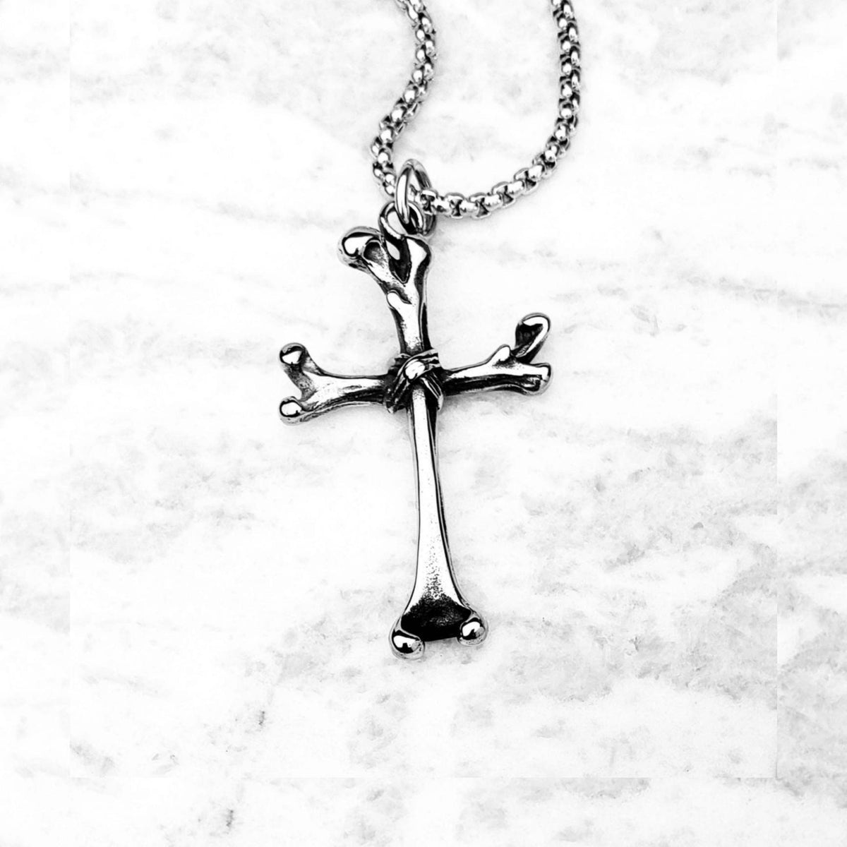Men's "BONES CROSS" Necklace| Men's Silver Stainless Steel Bones Cross Pendant Necklace| Men's Silver Stainless Steel Box Chain Necklace