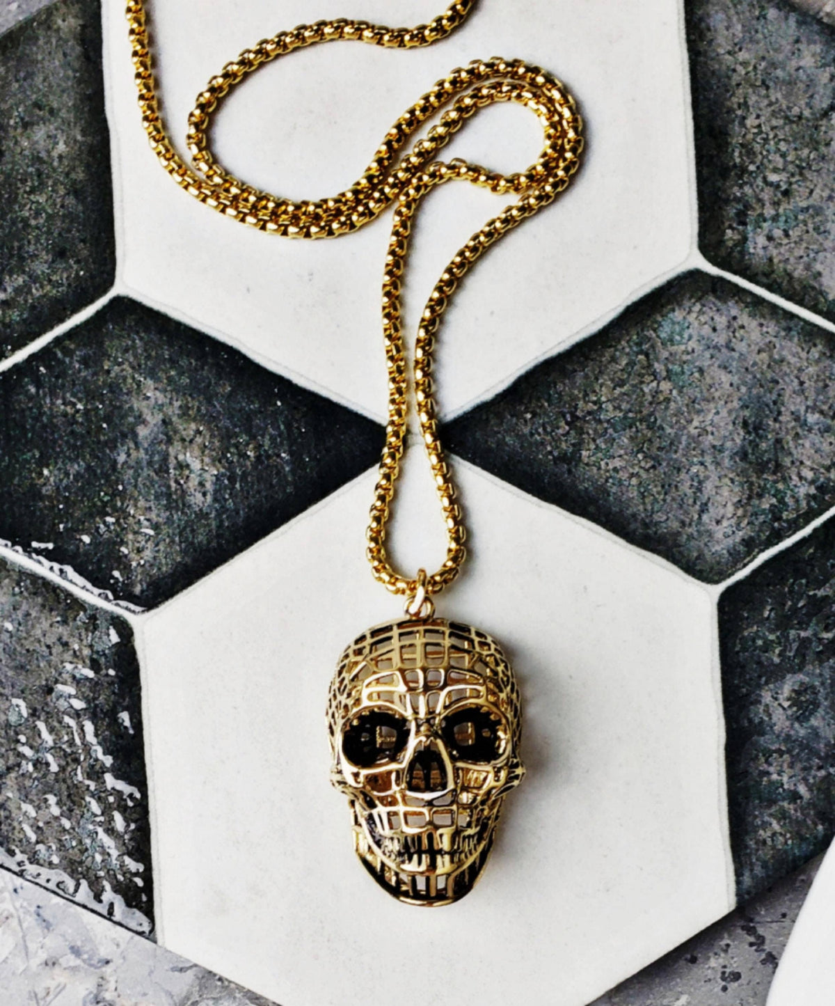 Men's "GOLD CAGED SKULL" Necklace| Men's Gold Black Stainless Steel Three Dimensional Skull Pendant Necklace| Men's Gold Box Chain Necklace