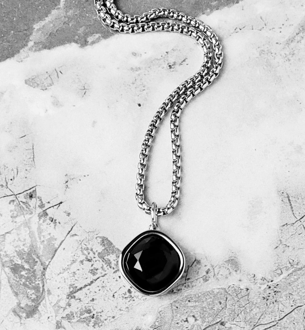Men's "SILVER BLACK ONYX" Necklace| Men's Silver Stainless Steel Black Onyx Gemstone Pendant Necklace| Men's Onyx Pendant Necklace Gift