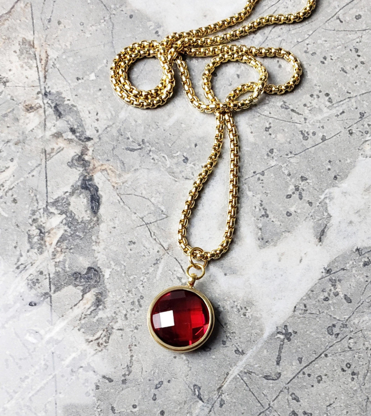 Men's "GOLD GARNET COIN" Necklace| Men's Gold Stainless Steel Garnet Cubic Zirconia Coin Pendant Necklace| Men's January Birthstone Gift